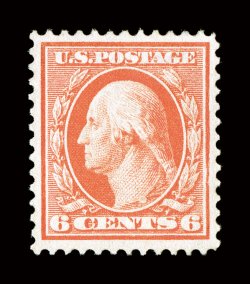 362, 6c Red orange on bluish paper, exceptionally bright and fresh, uncharacteristically well centered and margined, o.g., relatively lightly hinged, current certificate
mentions a tiny perforation thin which is an overly picky call in our opini