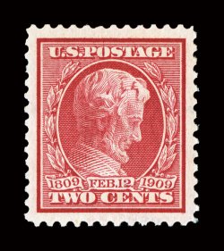 367, 2c Lincoln, impeccably well centered within lavishly large margins, rich luxuriant color and a well defined impression, unblemished o.g., n.h., extremely fine an
especially choice and large-margined example of this popular commemorative 2