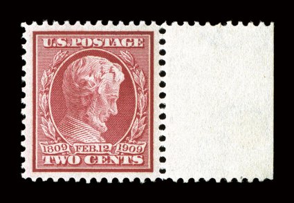 369, 2c Lincoln on bluish paper, a phenomenal quality right sheet-margin mint single, being in a condition that would be next to impossible to duplicate, featuring
exceptionally large and perfectly balanced margins all around, plus it possesses