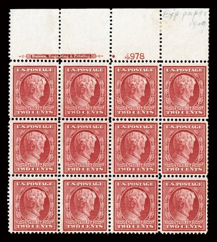 369, 2c Lincoln on bluish paper, top margin imprint, star and plate no. 4978 block of twelve, well centered, lovely bright color and impression, o.g., top two rows n.h. (gum
skips on top right stamp), h.r. in bottom row and ungummed portion of t