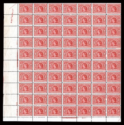 370, 2c Alaska-Yukon, bottom left plate no. 5173 pane of 70, bright color, o.g., n.h. except four stamps in the right column hinged and the ninth stamp in the sixth column
with a tiny thin speck, the top two stamps in the first column affected b