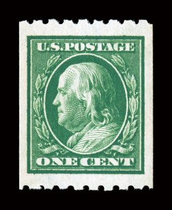 390, 1c Green coil, perf. 8 12 horiz., a spectacular mint single, sporting the most immense margins imaginable on a genuine coil, and being precisely centered within these
incredible borders, gorgeous rich color and a deeply etched impression,