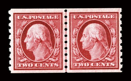 393, 2c Carmine coil, perf. 8 12 vert., especially attractive mint guide line pair, incredibly intense color that is almost the dark carmine shade, well centered, o.g.,
lightly hinged, extremely fine 2006 PSE certificate (XF 90 SMQ $470.00).