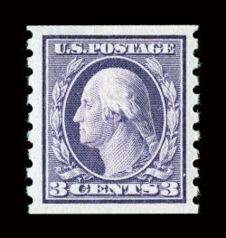 394, 3c Deep violet coil, perf. 8 12 vert., an impressive quality mint single, possessing margins of extraordinary size and being marvelously well centered within them, deep
luxuriant color and a razor-sharp impression, pristine o.g., n.h., ext