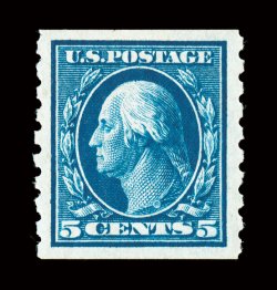 396, 5c Blue coil, perf. 8 12 vert., fresh mint single, exceedingly large margins, vibrant color, o.g., n.h., extremely fine 2004 PSE certificate (XF 90 SMQ
$330.00).