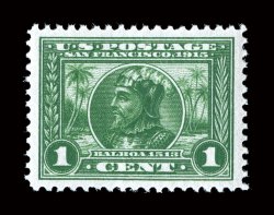 397, 1c Panama-Pacific, gem mint single that is extraordinarily well centered amid uncommonly large margins, bright fresh color on clean white paper, o.g., n.h., extremely
fine 2008 PSE certificate (Superb 98 SMQ $1,200.00).