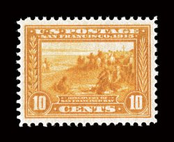 400, 10c Panama-Pacific, orange yellow, a lovely mint single, featuring intense radiant color and an especially strong impression, impeccably well centered within large
balanced margins, unblemished o.g., n.h., extremely fine an extraordinary q