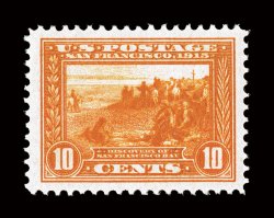 400A, 10c Panama-Pacific, orange, a striking highly graded mint example of this popular commemorative, boasting lavishly large margins all around and being incredibly well
centered within them, gorgeous sumptuously rich color and a deeply etched