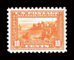 404, 10c Panama-Pacific, perf. 10, a remarkably fresh mint example of this key commemorative, with dazzling bright color and a vivid impression on immaculate white paper, plus
it is extraordinarily well centered and margined, o.g., n.h., extreme