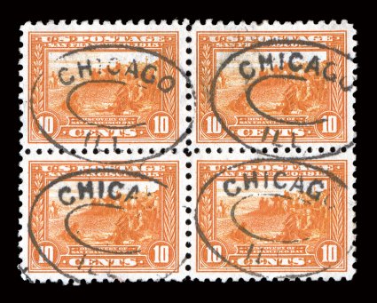 404, 10c Panama-Pacific, perf. 10, beautiful used block of four, remarkably well centered throughout, with lavish margins, strong color, relatively light Chicago oval pmks.,
extremely fine actually very scarce to find a used block in this excel
