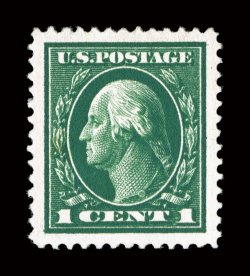 405, 1c Green, stunning mint single, featuring mathematically precise centering amid enormously large margins all around, plus its color and impression are especially deep and
intense, o.g., lightly hinged, superb 2008 PSE certificate (Gem 100