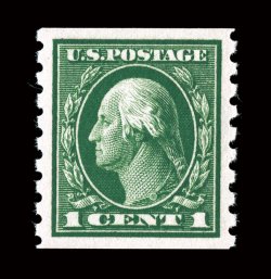 412, 1c Green coil, perf. 8 12 vert., flawlessly centered within extravagantly large margins, deep rich color and impression, o.g., n.h., extremely fine a gem certified coil
single for the perfectionist 2002 PF certificate.