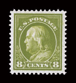 414, 8c Pale olive green, an eye-arresting jumbo-margined mint example, featuring huge margins all around that are rarely encountered on this value, plus it is marvelously
well centered within this vast expanse, gorgeous intense color and impres