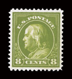 414, 8c Pale olive green, pristine mint example, near perfect centering within large margins, deep luxuriant color and impression, o.g., n.h., extremely fine gem 2006 PSE
certificate (XF-Superb 95 SMQ $1,200.00).