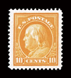 416, 10c Orange yellow, marvelously well centered amid huge jumbo margins, lovely rich color, o.g., lightly hinged, extremely fine a particularly large-margined gem 2005 PSE
certificate (XF-Superb 95 Jumbo SMQ $165.00 for 95 and $385.00 for 9