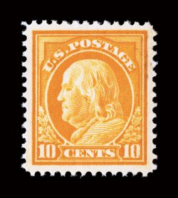 416, 10c Orange yellow, gem mint single that is exceedingly well centered within lavishly large margins, deep radiant color, unblemished o.g., n.h., extremely fine 2008 PSE
certificate (XF-Superb 95 SMQ $1,200.00).