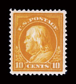 416a, 10c Brown yellow, an incredibly choice mint example of this rare and terribly difficult color variety, being extraordinarily well centered within exceptionally large
margins, which is quite uncharacteristic of this stamp, as most are found