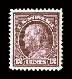 417, 12c Claret brown, a superb mint example being in a condition that would please even the most demanding condition conscious collector, flawlessly centered within unusually
large margins, prooflike color and impression, immaculate o.g. withou