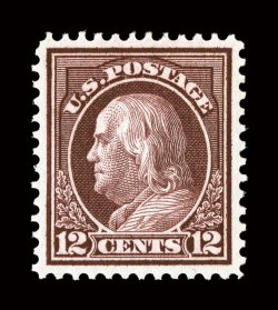 417, 12c Claret brown, uncharacteristically well centered and margined, rich color and a clean impression, o.g., n.h., extremely fine and choice 2008 PSE certificate
(XF-Superb 95 SMQ $1,300.00).