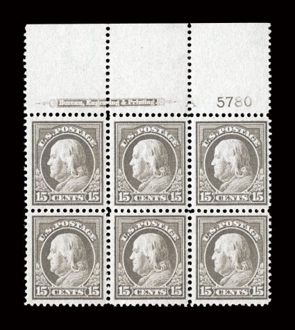 418, 15c Gray, an outstanding full top margin imprint, letter A and plate no. 5780 block of six, incredibly fresh, with strong and intact perforations, uncharacteristically
well centered throughout, o.g., n.h., extremely fine overall the perf