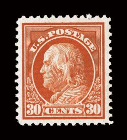 420, 30c Orange red, exceedingly well centered within unusually large margins, deep prooflike color and impression on brilliantly fresh paper, o.g., n.h., extremely fine 2007
PSE certificate (XF 90 SMQ $825.00).