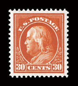 420, 30c Orange red, an eye-arresting mint single that possesses the most intensely deep color and vivid impression we have ever seen on this stamp, pristine white paper,
precisely centered within lavishly large margins, o.g., lightly hinged, ex
