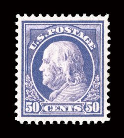 422, 50c Violet, double line watermark, a gorgeous mint example that is remarkably well centered within extravagantly large margins, radiant color and a crisp detailed
impression on pristine white paper, flawless o.g., n.h., an extremely fine ge
