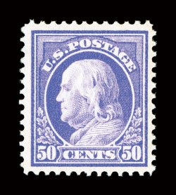 422, 50c Violet, double line watermark, very well centered within uncharacteristically large margins, rich luxuriant color and a deeply etched impression, o.g., n.h.,
extremely fine 2000 PF certificate.