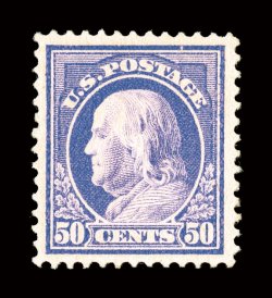 422, 50c Violet, double line watermark, uncharacteristically well centered and margined, gorgeous violet shade, o.g., extremely fine 2008 PSE certificate (XF 90 SMQ
$435.00).