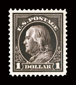 423, $1.00 Violet brown, a spectacular mint example of this scarce high value, being in a quality matched by few others, featuring near perfect centering amid lavishly large
margins which are rarely encountered, incredibly deep rich color and a