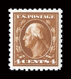 427, 4c Brown, a lovely mint example, boasting extravagantly large margins all around and being virtually perfectly centered amid them, sumptuously rich color and a strong
impression on wonderfully bright paper, o.g., n.h., an extremely fine gem