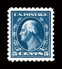 428, 5c Blue, incredibly well centered, with large perfectly balanced margins all around, especially deep and luxuriant color, while its impression is quite detailed on bright
paper, o.g., n.h., extremely fine a most eye-appealing gem 2000 PF