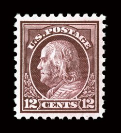 435, 12c Claret brown, a highly desirable mint example, outstanding centering within large margins, lovely rich color and a crisp detailed impression, unblemished o.g., n.h.,
an extremely fine gem 2008 PSE certificate (XF-Superb 95 SMQ $880.00