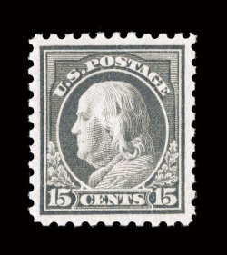 437, 15c Gray, a marvelous quality mint example, featuring outstanding centering amid unusually large margins, strong rich color and impression, pristine o.g., n.h., extremely
fine gem 2007 PSE certificate (XF-Superb 95 SMQ $2,750.00) among