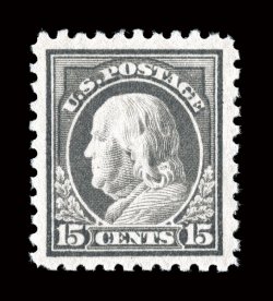437, 15c Gray, well centered within extravagantly wide margins, wonderfully bright color on pristine white paper, o.g., n.h., extremely fine 1997 PF certificate and a 2007 PSE
certificate (XF 90 Jumbo SMQ $940.00 for 90 and $2,750.00 for 95).