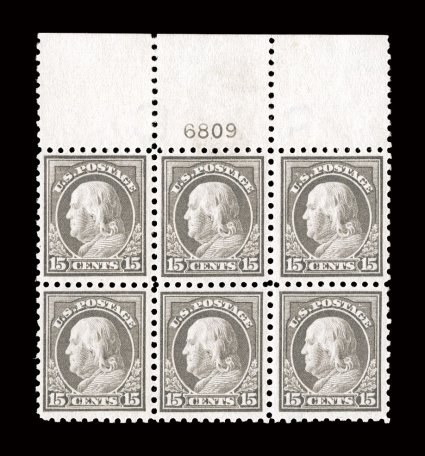 437, 15c Gray, an exceptional full top margin plate no. 6809 block of six, marvelously well centered, exceedingly rich color on bright white paper, o.g., n.h., extremely fine
an especially scarce and desirable plate block being both a full top