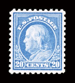 438, 20c Ultramarine, brilliantly fresh and choice mint example, deep rich color and impression, particularly well centered, unblemished o.g., n.h., extremely fine 2003 PSE
certificate (XF 90 SMQ $1,450.00).