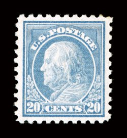 438, 20c Ultramarine, exceedingly well centered and margined, fresh color on bright paper, o.g., lightly hinged, extremely fine 2008 PSE certificate (XF 90 SMQ
$365.00).
