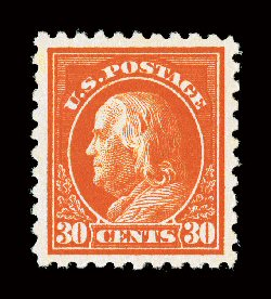 439, 30c Orange red, an eye-arresting mint single, possessing truly dazzling color that is incredibly deep and brilliant, plus a spectacular vivid impression, in addition it
is especially well centered within large margins, pristine o.g., n.h.,