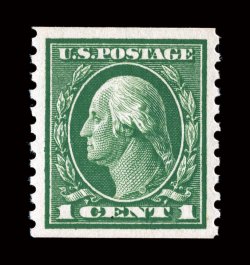 443, 1c Green flat plate coil, perf. 10 vert., gem mint single, incredibly well centered within especially large margins, sumptuously rich color, immaculate o.g., n.h.,
extremely fine 2000 and 2005 PSE certificates (the latter graded XF-Superb