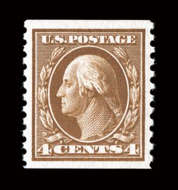 446, 4c Brown flat plate coil, perf. 10 vert., premium quality mint single, possessing mathematically precise centering within especially large margins, deep luxuriant color
and a crisp impression, o.g., n.h., extremely fine an especially scarc
