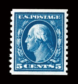447, 5c Blue flat plate coil, perf. 10 vert., mint single, precisely centered, strikingly intense color and impression, o.g., n.h., extremely fine gem 2001 PF
certificate.
