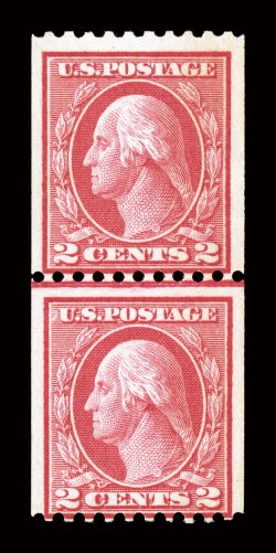 449, 2c Red rotary coil, Ty. I, perf. 10 horiz., joint line pair, brilliantly fresh, o.g., never hinged, light pencil note on bottom stamp, fine only a tiny number of
certified never hinged line pairs of 449 exist 1963 and 2005 PF certificate