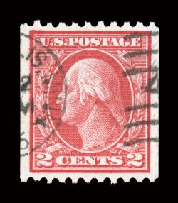 449, 2c Red rotary coil, Ty. I, perf. 10 horiz., a magnificent used single of this scarce and difficult coil, being the finest quality used example we have ever offered in our
auctions, as this gem boasts physical characteristics that are ju