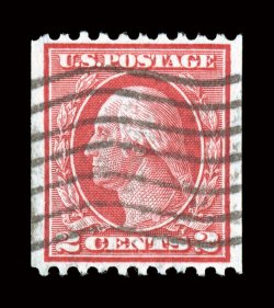449, 2c Red rotary coil, Ty. I, perf. 10 horiz., impressive used single, excellent centering, deep color, wavy line cancel, extremely fine 2008 PSE certificate (XF 90 SMQ
$1,200.00).