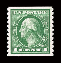 452, 1c Green rotary coil, perf. 10 vert., the perfect mint single, possessing mathematically precise centering amid uncharacteristically large margins, prooflike color and
impression, immaculate o.g., n.h., extremely fine a superb gem coil s