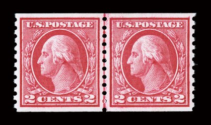 453, 2c Carmine rose rotary coil, Ty. I, perf. 10 vert., mint joint line pair, incredibly well centered for this issue, deep intense color, o.g., lightly hinged, extremely
fine gem 2007 PF certificate for strip of four and a 2008 PSE certificat