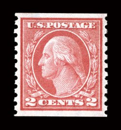 454, 2c Red rotary coil, Ty. II, perf. 10 vert., select quality coil single, marvelously well centered and margined, bright vibrant color and a crisp impression, pristine
o.g., n.h., extremely fine gem 2006 PSE certificate (XF-Superb 95 SMQ $6