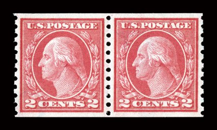 454, 2c Red rotary coil, Ty. II, perf. 10 vert., select quality mint pair, beautifully centered and margined, strong color, o.g., n.h., extremely fine 1991 PF certificate and
a 2008 PSE certificate (XF-Superb 95 SMQ $1,250.00).