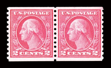 454, 2c Red rotary coil, Ty. II, perf. 10 vert., mint pair, well centered, brilliant red shade, o.g., lightly hinged, extremely fine 2002 PSE certificate (XF 90 SMQ
$230.00).